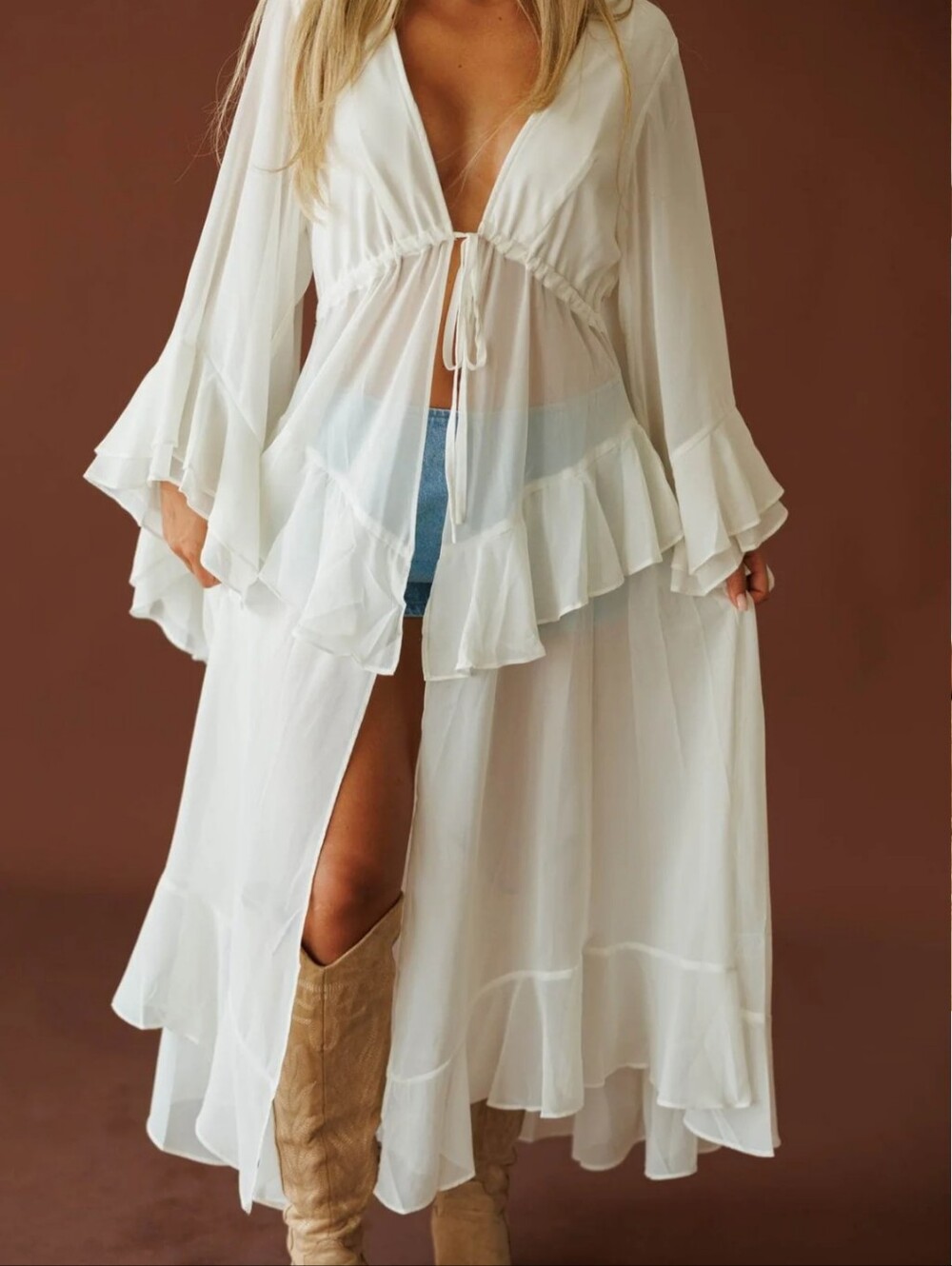 Women’s Cream White Sheer Ruffle Duster - Picture 2 of 4